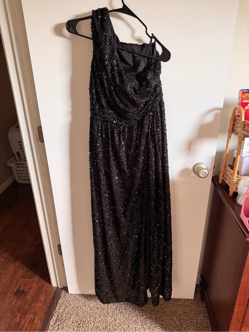 Black One-Shoulder Sequin Evening Gown